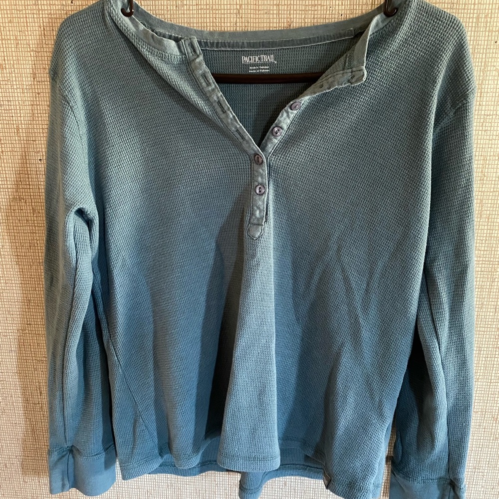 Pacific Trail Women's Slate Blue Waffle Henley Long Sleeve:Size Large